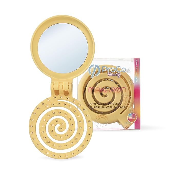 Mini Detangler Travel Hair Brush with Mirror, Makaron Hair Brushes for Women, Men and Kids, Unique 3D Flexible Design for All Hair Types, Styling Accessory, Travel Essentials for Women (POPULARYELLOW)