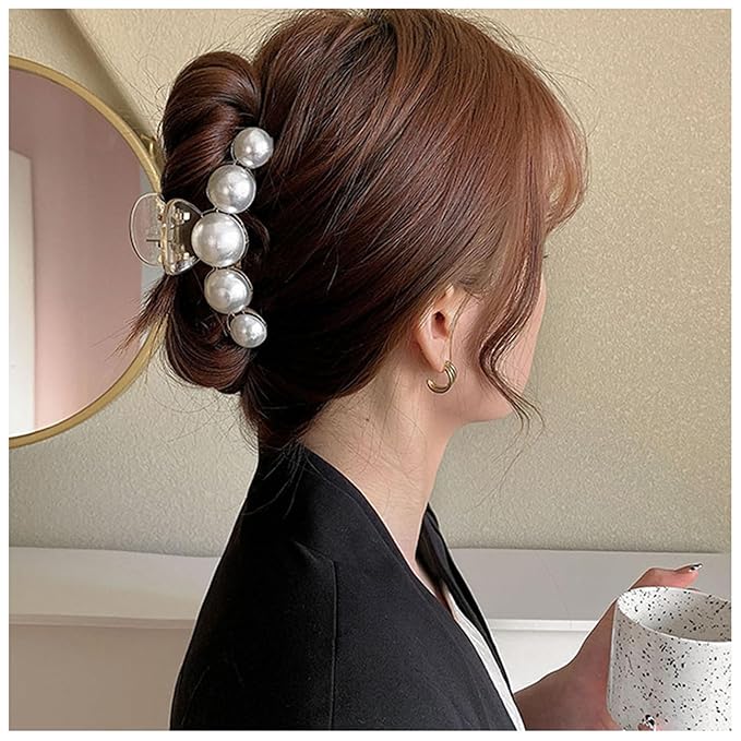 Pearl Hair Claw Clips - White Pearl Strong Hold Barrette Clips for Thick & Thin Hair (Style 2)