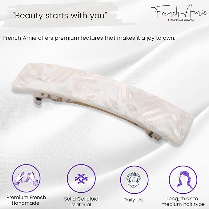 French Amie Oblong 3.5" Celluloid Handmade No Slip Hair Clip Barrette for Women, Made in France (Frost White)
