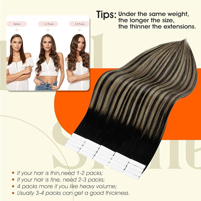 Full Shine Tape ins Human Hair Extensions Balayage Tape in Hair Extensions 16Inch Seamless Skin Weft Tapes Extension 20pcs 1B Black to 27 Honey Blonde with 1B Invisible Straight Full Head 50G