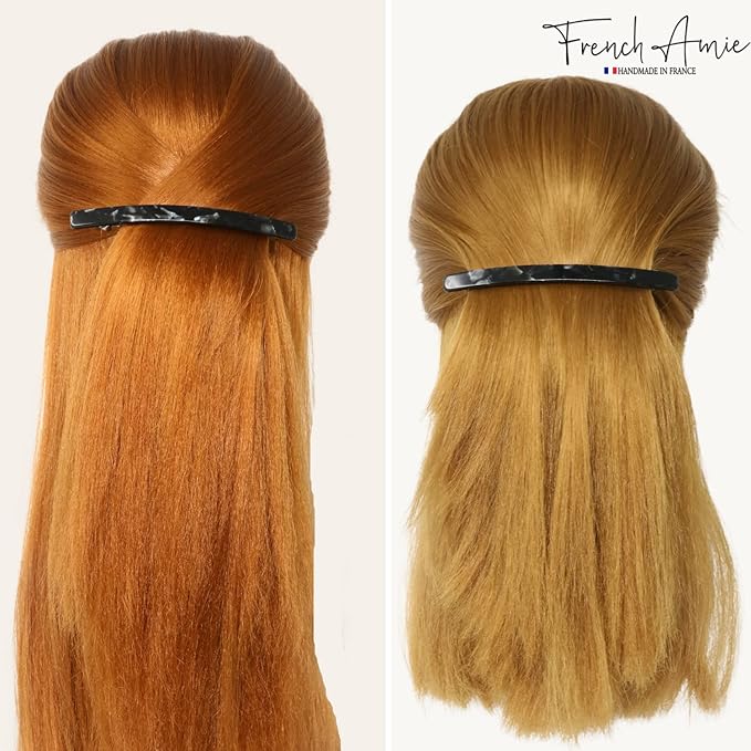 French Amie Long and Thin Large 4" Celluloid Handmade No Slip Durable Hair Barrette Clip for Women, Made in France (Black Nycra)