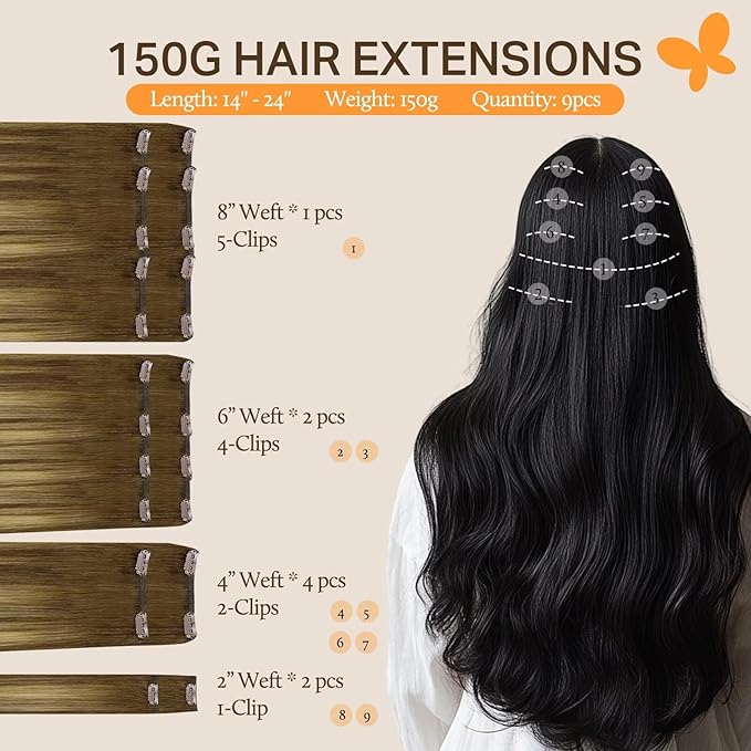 DOORES Hair Extensions Clip in Human Hair, Medium Brown Highlighted Dirty Blonde 150g 9pcs 20 Inch, Real Straight Hair Extensions Remy Extensions