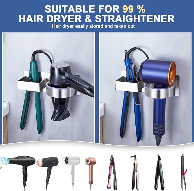 Hair Straightener Holder Wall, Blow Dryer Holder Wall Mounted Hairdryer Holder for Bathroom, Hair Tools Organizer & Storage Curling Iron Holder, Salon Hair Dryer Holder (Silver)