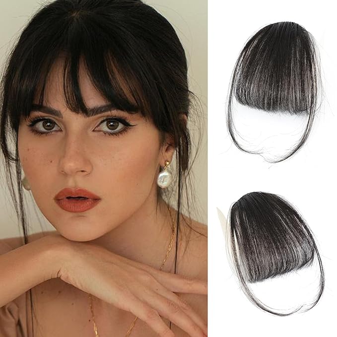 Clip In Bangs-Real Human Hair Bangs Brown Black Clip On Bangs Hair Extensions Fake Bangs Human Hair Wispy Bangs Hair Clip Fringe With Temples Hairpieces Curved Bangs For Daily Wear