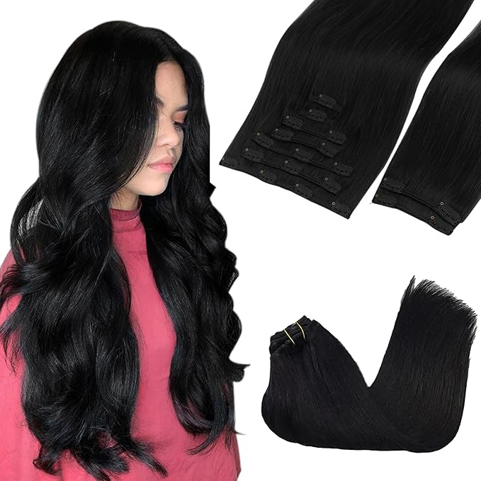 GOO GOO Clip in Hair Extensions Real Human Hair, Remy Human Hair Extensions Clip ins for Women, Natural Human Hair, 16inch 150g 9Pcs, 1 Jet black