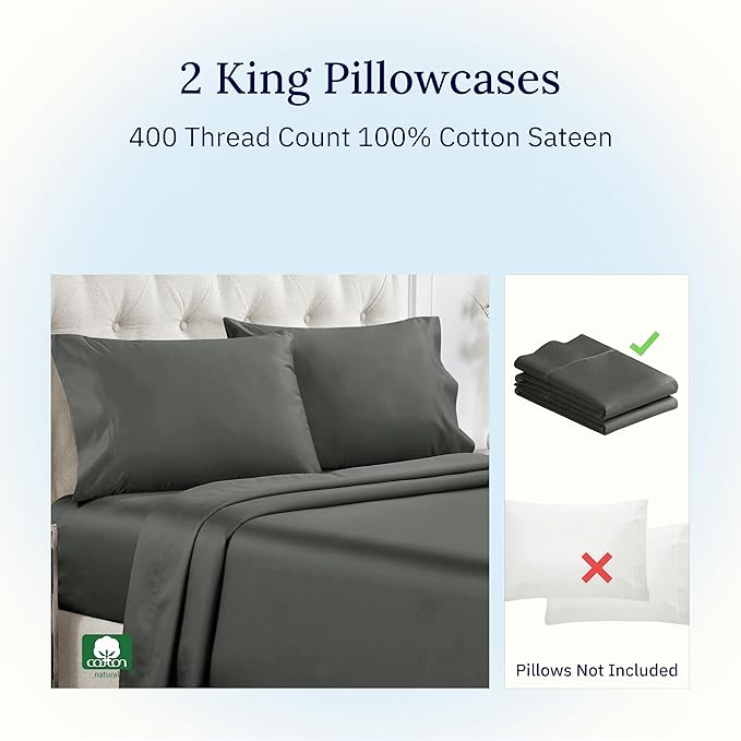 California Design Den King Size Pillowcase Set - 400 Thread Count, 100% Cotton Sateen, Set of 2 Pillow Covers, Soft and Breathable - Grey
