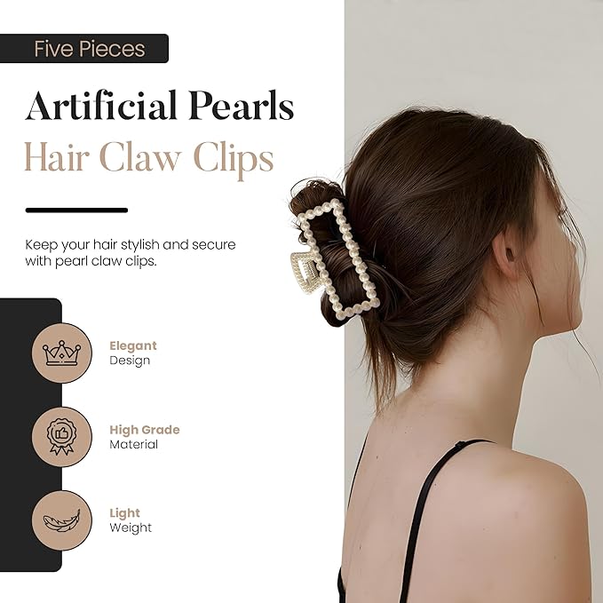 5 PCS Simulated Pearl Hair Claw Clips for Women | Multi-Use Barrettes for Thin Hair with Non-Slip Strong Hold | Barrettes for Thick & Curly Hair Accessories | Flat Claw Clips for Women, Off-White
