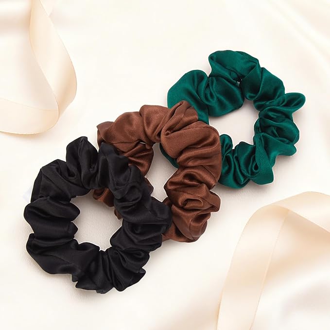 3 Pcs Silk Hair Ties, 22 Momme 100% Mulberry Hair Band, Silk Scrunchies for Women and Girls, 6A Grade No Damage Ponytail Holders (1.2in Width, Black Brown Dark Green)