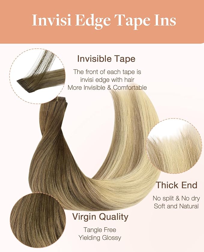 GOO GOO Invisi Edge Tape in Hair Extensions Human Hair, 3/8/613 Walnut Brown to Ash Brown and Bleach Blonde 10pcs injected with 10pcs classical tape ins, 22inch 50g, Virgin Remy Hair, Natural Look