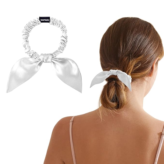 THXSILK Hair Silk Scrunchies with Bow for Women Pure Mulberry Silk Hair Cute Ring Ties Scrunchies for Girls Women's Thick Hair, White, 2.8"