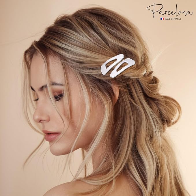 Parcelona French Mini Set of 4 Small Celluloid Acetate Snap Hair Clips No Slip Fashion Durable Styling Women Hair Accessories Girls Snap Hair Barrette, Made in France (Silver)