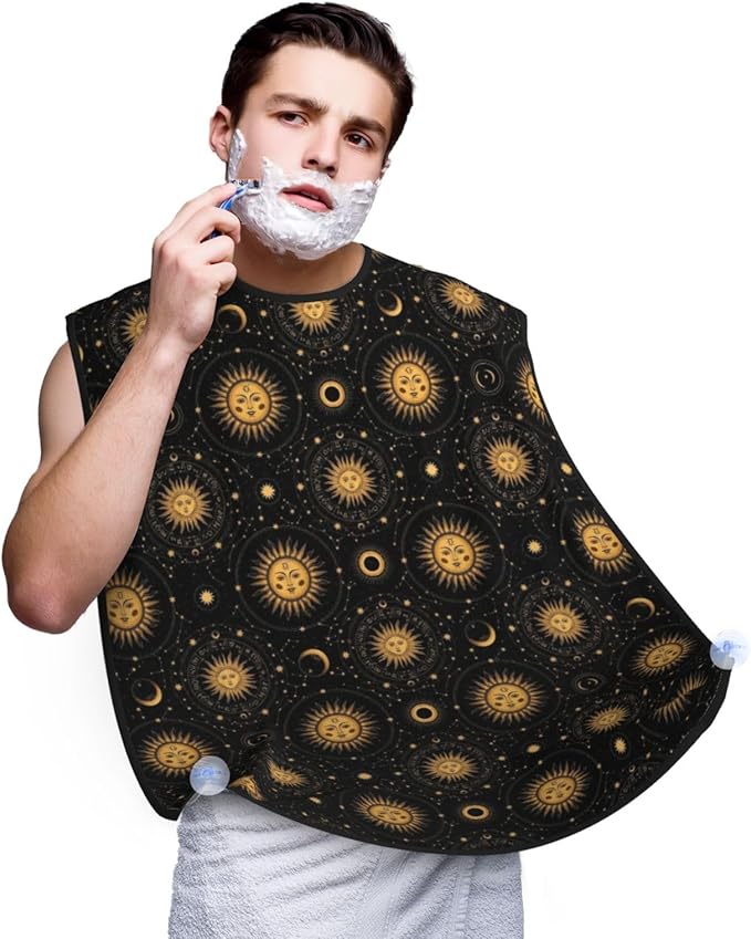 Beard Bib with 3 Suction Cups, Non-Stick Waterproof Hair Catcher Apron, Men's Shaving Essential for Grooming, Mystical Constellations Space Gold Zodiac Sun Moon Stars Shave Bib