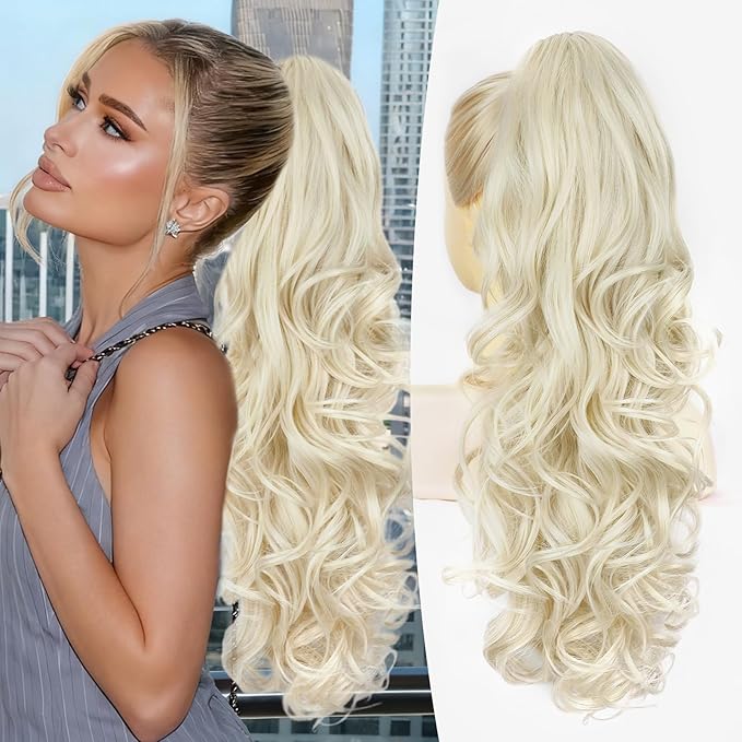 ALXNAN Ponytail Extension,24 Inch Claw Clip in Long Curly Wavy Platinum Blonde Ponytail Hair Extension Jaw Clip on Pony Tails Hairpiece for Women