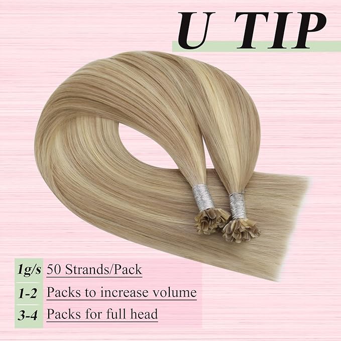 YoungSee U Tip Hair Extensions Human Hair Highlight Golden Blonde and Medium Blonde Ktips Hair Extensions Real Hair 18 Inch U Tips Human Hair Extension Straight K Tip Extension Add Volume 1G/S 50G