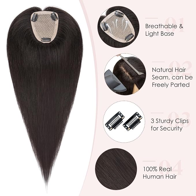 Hairro Human Hair Toppers Free Parted, 3.5x4.7" Base Hand-wovened 100% Real Hairpieces, with Invisible Clips-in for Women, for High Hairline/Adding Volume on Top, 10 Inch Light Natural Black