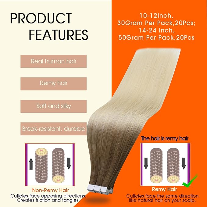 Full Shine Tape in Hair Extensions Human Hair Brown to Platinum Blonde Tape in Extensions Human Hair 20Inch Seamless Blonde Hair Extension Tape in Straight Skin Weft 20pcs 50G Real Remy Hair Extension