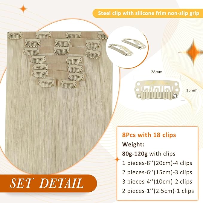 Full Shine Seamless Hair Extensions Real Human Hair Clip ins Platinum Blonde Silky Straight Clip in Hair Extensions Invisible Real Hair 14 Inch 8 PCS 120 Grams