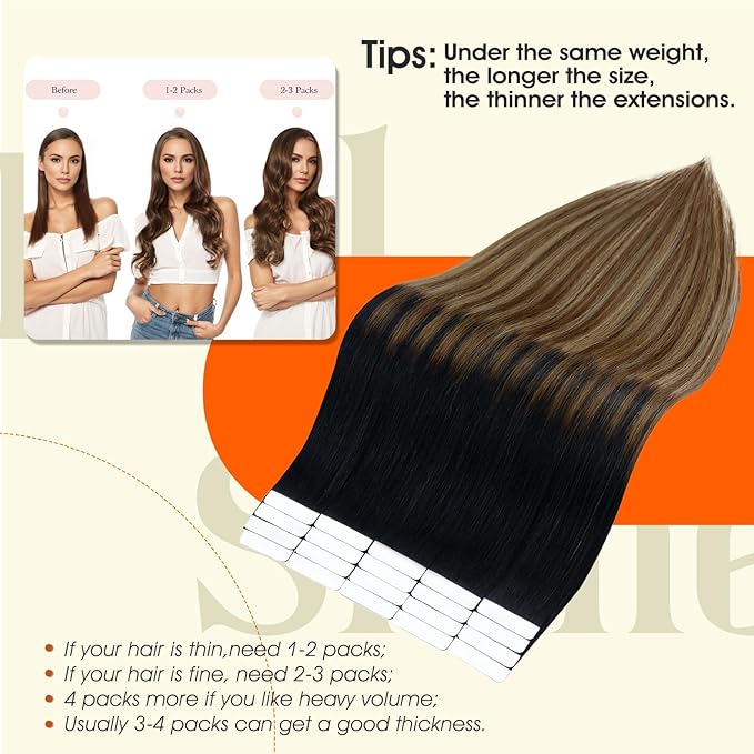 Full Shine Black And Blonde Tape in Hair Extensions Human Hair 14Inch Tape in Extensions Black To Brown Mixed Blonde Tape ins Human Hair Extensions Seamless Skin Weft Straight Remy Hair 50G 20Pcs