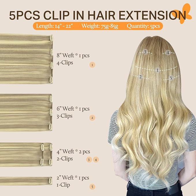 DOORES Clip in Human Hair Extensions, 22 Inch Balayage Light Blonde Highlighted Golden Blonde, 5pcs 85g Remy Straight