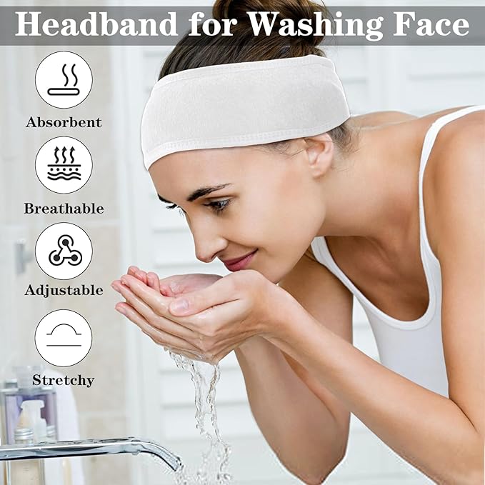 30 Pcs Spa Headband, Facial Head Wrap for Women Adjustable Makeup Stretch Towel with Tape Fit Face Washing Shower Facial Mask Yoga(White)