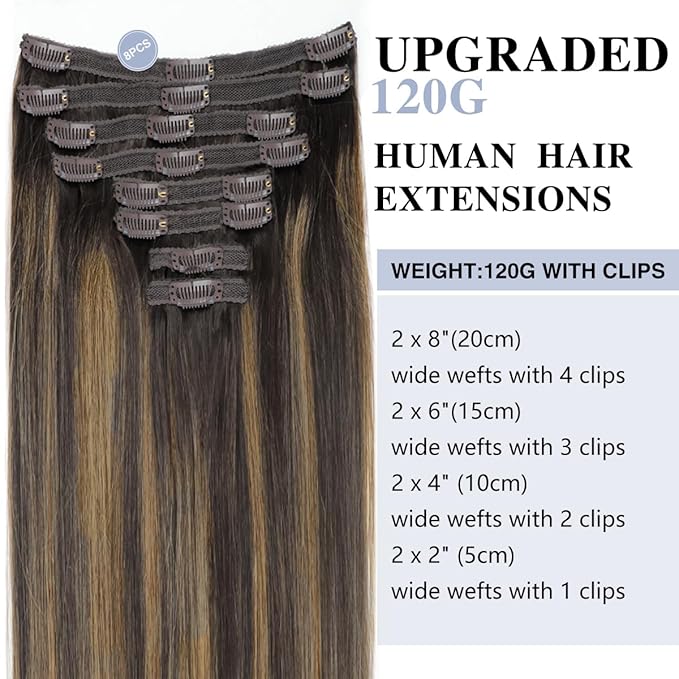 Straight Clip In Hair Extensions Real Human Hair 8Pcs Clip In Balayage Dark Brown to Chestnut Brown Human Hair Extensions with 18Clips Lace Weft 120g 22inch