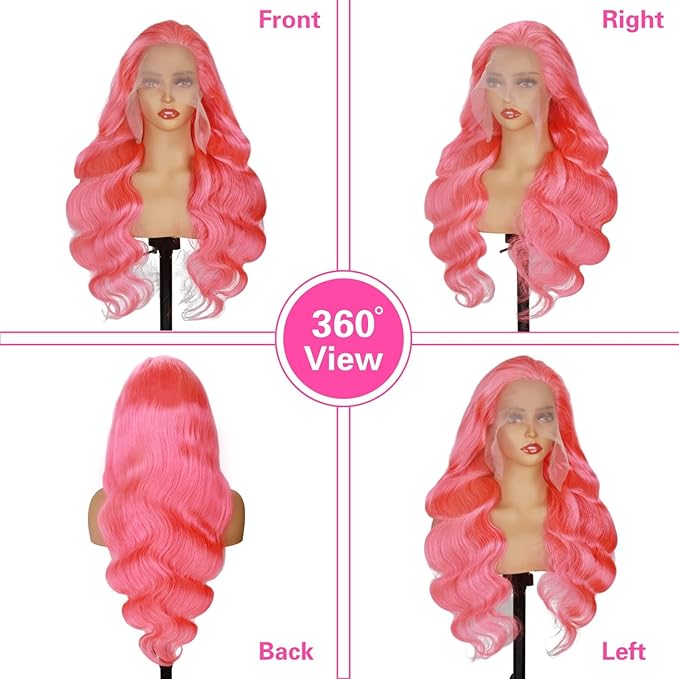 Pink Wig Human Hair 12A Body Wave Colored Wig Pre Plucked 13x4 Lace Front Wig 200 Density Pink Colored Hd Transparent Lace Frontal Wigs 30 Inch