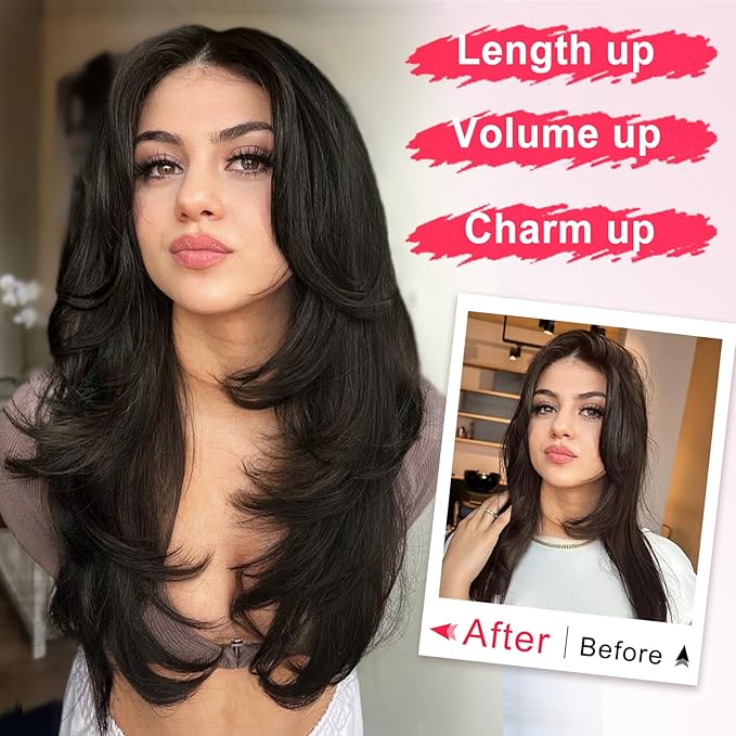 ALXNAN Long Wavy Hair Extensions for Women, Clip in Hair Extensions Clip Ins Soft Full Head Synthetic Hairpieces 20 Inch Black Brown