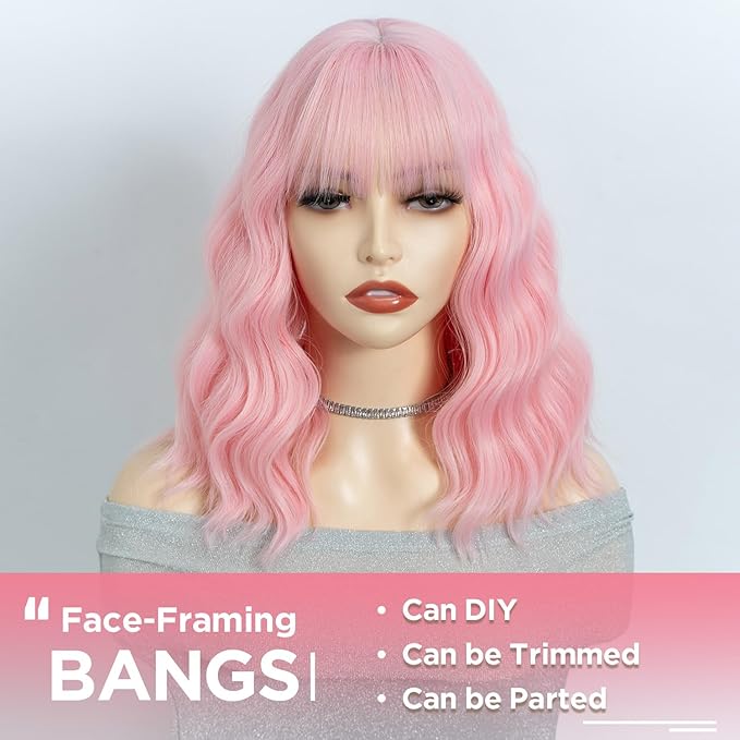 NOBLE Pink Wig Bob Wig with Bangs Short Loose Wavy Wigs for Women Shoulder Length Heat Resistant Synthetic Hair Bob Wavy Colored Wigs for Halloween Cosplay 12 Inches