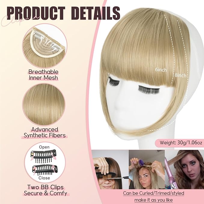 Clip in Bangs, Synthetic French Bangs Hair Clip, Ash Blonde Fake Bangs Fringe with Temples Hairpieces for Women Natural Curved Hair Extensions for Daily Wear