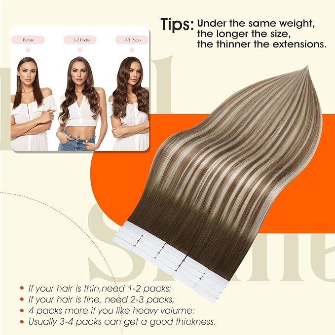 Full Shine Brown Tape in Hair Extensions Human Hair Color 3 Dark Brown Ombre 8 Ash Brown And 22 Blonde Tape in Extensions 18Inch 100G Remy Seamless Skin Weft 40Pcs Brazilian Straight