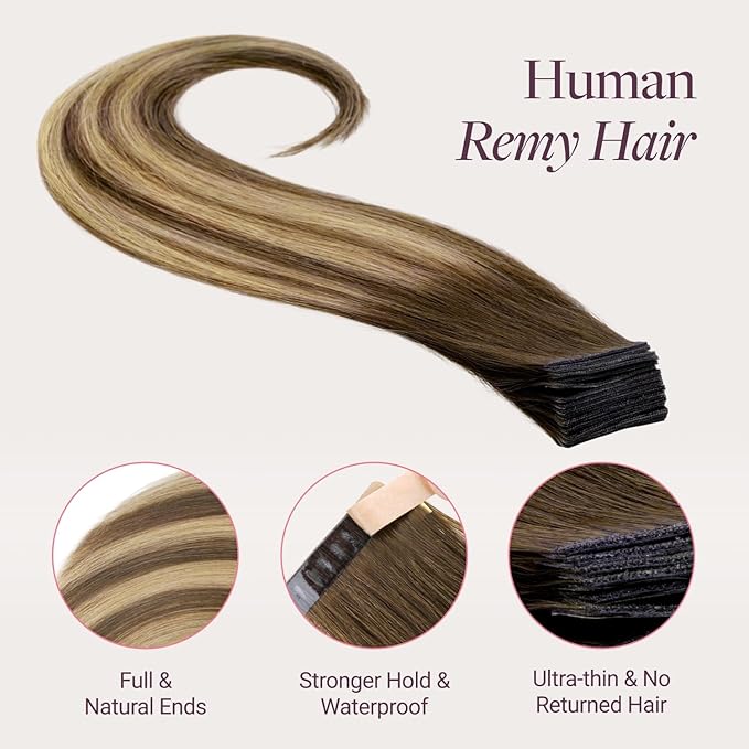 GOO GOO Genius Tape in Hair Extensions, Hand Tied Tape Weft, 4/27/4 Balayage Chocolate Brown to Caramel Blonde, 20inch 50g 20pcs, Remy Human Hair, Seamless Invisible Tape, Natural Blend, Lightweight
