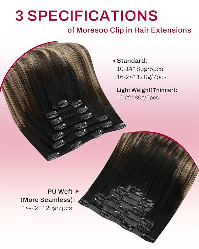 Moresoo Seamless Clip in Hair Extensions Human Hair Balayage Remy Straight PU Weft Human Hair Clip in Extensions Full Head Ombre Black to Brown with Caramel Blonde 7pcs/120g 14inch