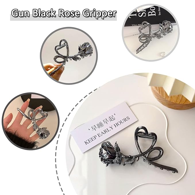 Rose Metal Hair Claw Clips, 1Pc Flower Non-Slip Hair Claw for Thin/Thick Hair - Fashionable Hair Styling Accessory for Women and Girls (Black Rose)