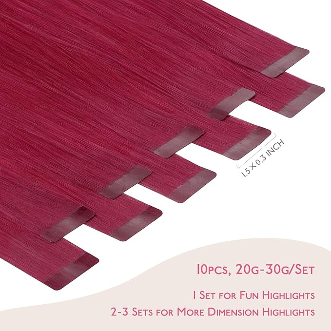 Wennalife Burgundy Red Tape in Hair Extensions, 10pcs 25g 18 inch Remy Invisible Tape Ins Straight Colored Soft Real Human Hair Tape in Extensions Refill Set Extensions
