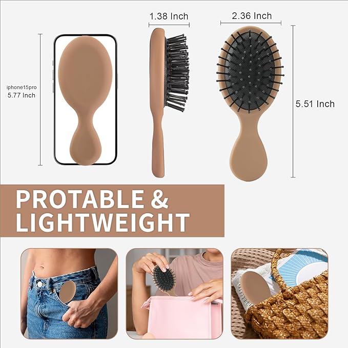 Mini Hair Bursh for Women,girls-Protable Travel Size Hair Brush for Pockets,Purse,backpack-Mini Detangler Brush for All Hair Types,Small Hair Brush for Detangling (1 Pack-Mocha)
