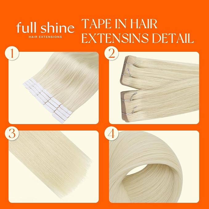 Full Shine Tape in Hair Extensions Color 60 Blonde Injected Tape in Extensions Invisi Edge 22 Inch Long Straight Injection Human Hair Seamless Remy Skin Weft for Party 50 Grams 20Pcs