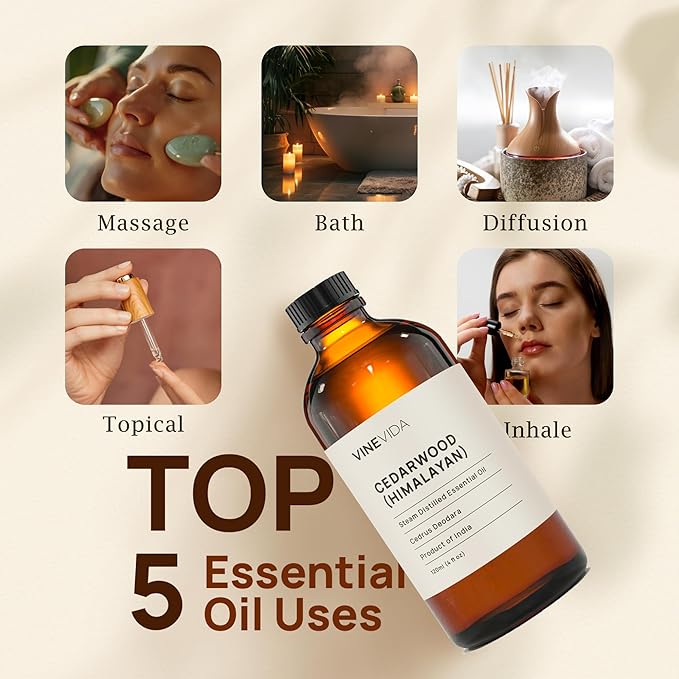 VINEVIDA Cedarwood Himalayan Essential Oil 4 oz - Undiluted Cedarwood Oil 4 oz - Cedarwood Candle Oil Scent - DIY Candle Scents for Candlemaking - Bulk Essential Oil for Soap Making Safe for Skin