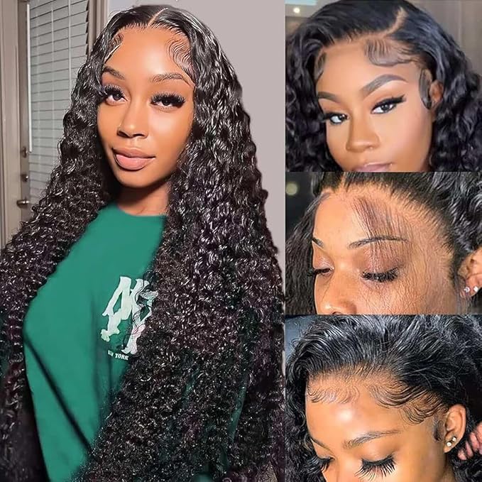 32 Inch Deep Wave Lace Front Wigs Human Hair Pre Plucked 200% Density 13x6 HD Lace Frontal Wigs with Baby Hair Deep Curly Wet and Wavy Glueless Wigs for Women (Natural Black, 32 Inch)