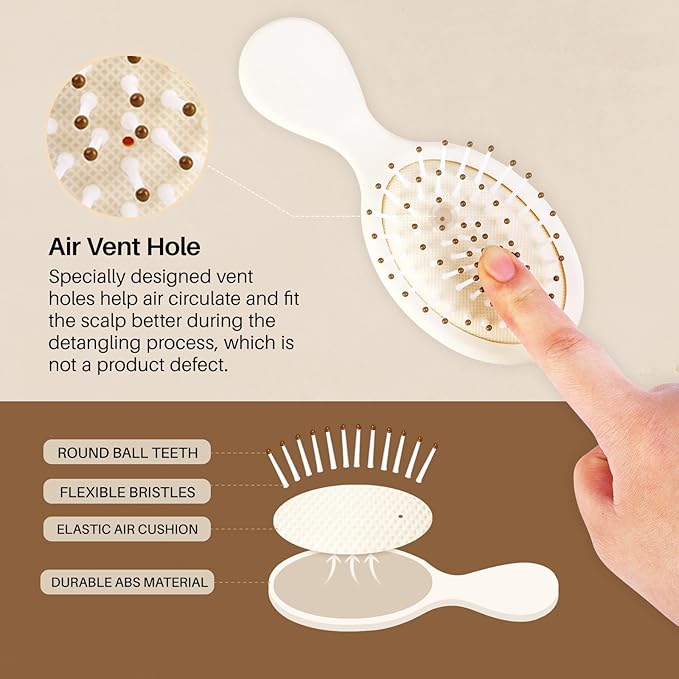 RHOS Mini Hair Brush for Women,Men and Kids-Travel Size Hair Brush for Purse,Pocket,backpack-Small Cushion Paddle Brush with Soft Bristles-Mini Detangler Brush for All Hair Types(1 Pack-Beige)