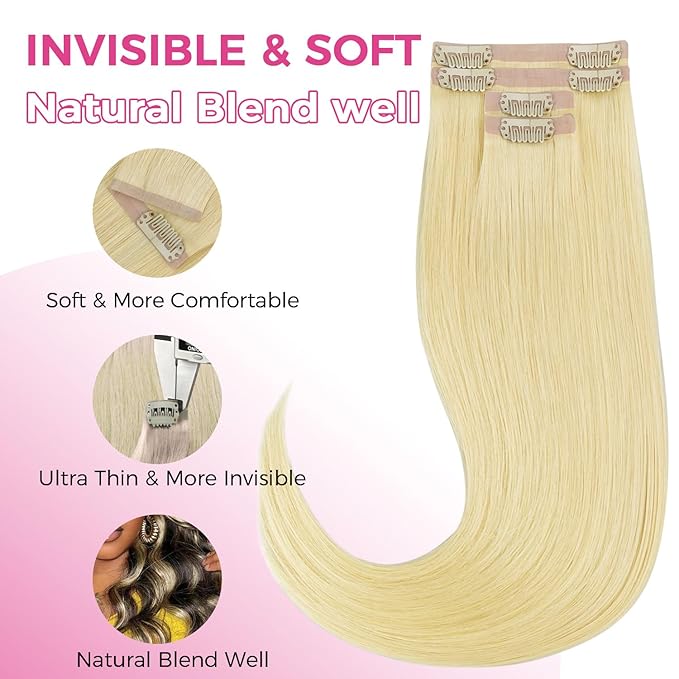 Lashey Clip in Hair Extensions Real Human Hair 4pcs 58g 24 Inch Straight Seamless Clip in Hair Extensions Human Hair Highlights #613 Blonde