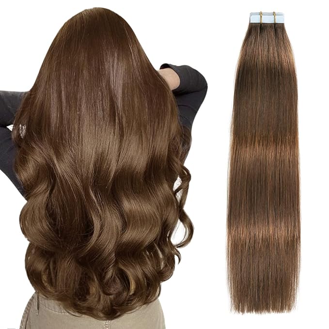 SUYYA Tape in Hair Extensions Human Hair chocolate brown 100% Remy Human Hair 50g/pack 20pcs Straight Seamless Skin Weft Tape Hair Extensions(22 inches #4 Dark Brown)