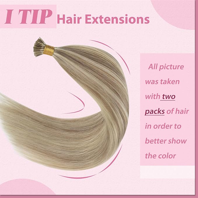 YoungSee I Tip Extensions Highlight Golden Blonde and Blonde Itip Human Hair Extensions Blond Itip Hair Extension Real Human Hair 16 Inch Keratin Tip Hair Extension Easy to Wear 80s 50g for Girls