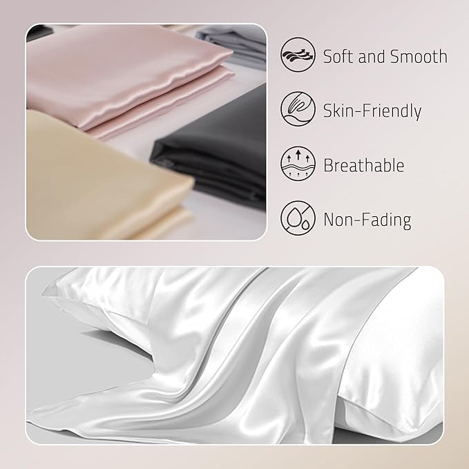 Mulberry Silk Pillow Cases Set of 2, Both Sides Real Silk Pillow Cases for Hair and Skin Cool Pillowcases Organic Silk Pillowcase 2 Pack with Hidden Zipper, White, King (20"×36")