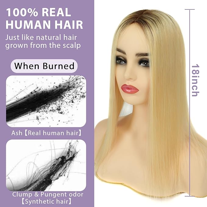 Womens Real Human Hair Toppers for Thin Hair #T3/60, 18 Inch Length 3x5 Inch Injected Silk Base 130% Density Hair Pieces