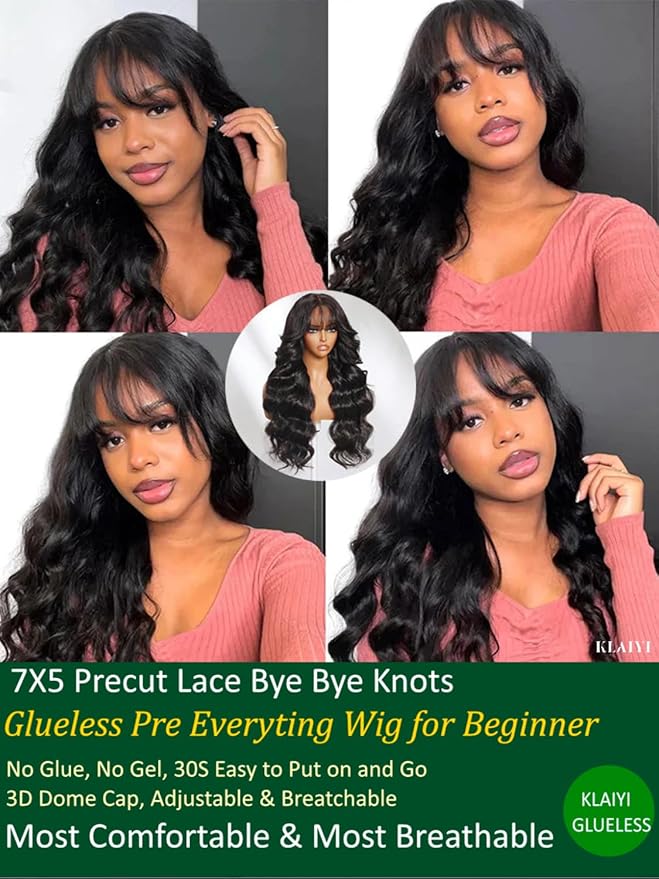 KLAIYI Fluffy Body Wave Curtain Bang Wig Bye Bye Knots Glueless Pre Cut 7x5 Lace Front Wigs Human Hair Loose Wave Pre Bleached Pre Plucked Pre Everything 3S Easy to Wear and Go Wig 180% Density 26Inch
