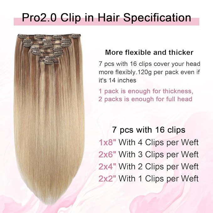 Pro2.0 Remy Real Human Hair Extensions Clip ins 120g Thick 7pcs Color #10/16/16 Ash Brown to Caramel Blonde Remy Clip in Hair Extensions Real Human Hair 16inch Double Weft（#10/16/16-16inch）