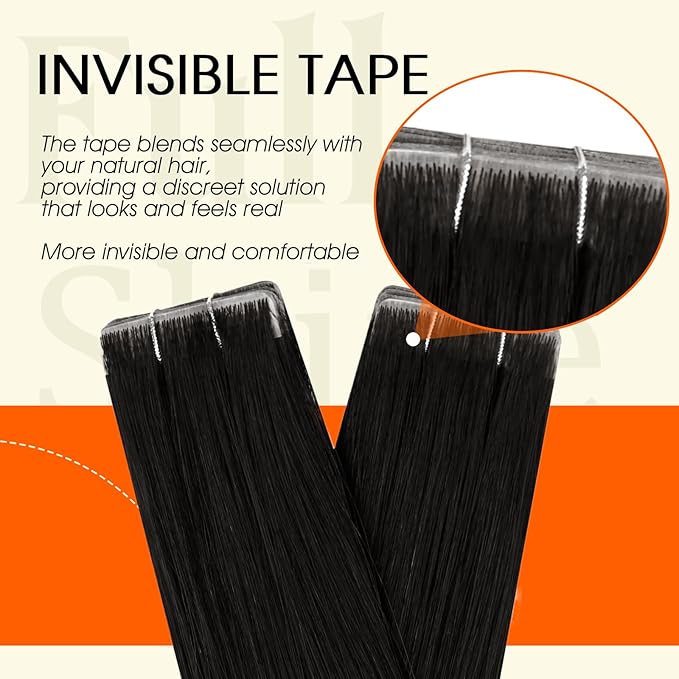 Full Shine Black Injected Tape in Extensions Real Human Hair Color 1B Off Black Invisible Remy Tape in Hair Extensions Human Hair Cuticles Aligned Seamless Short Straight Skin Weft 14Inch 40G 20Pcs