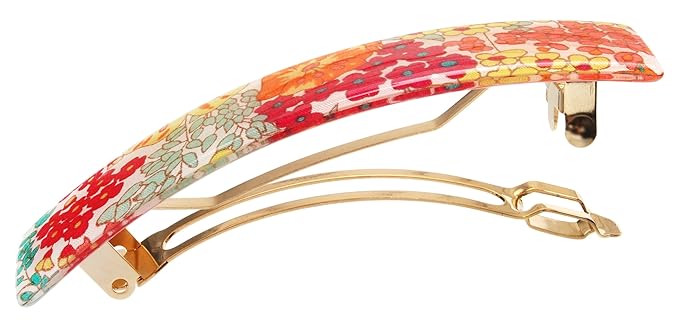 France Luxe Classic Rectangle Barrette - Floral Rhapsody Pink/Green