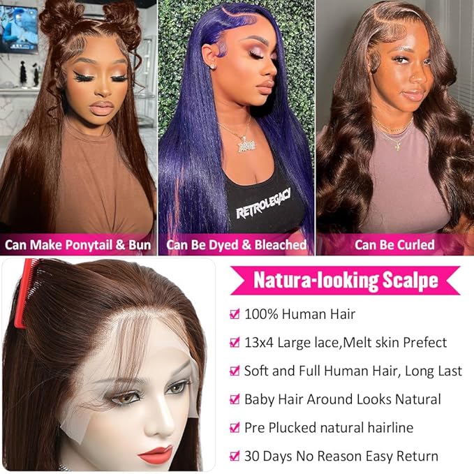 Hermosa 13x4 Brown Lace Front Wigs Human Hair 180 Density Straight Lace Frontal Human Hair Wigs Pre Plucked Hairline 4# Brown Color 28 Inch
