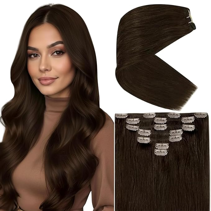 Ve Sunny Clip in Hair Extensions Real Human Hair Brown Hair Extensions Clip ins Human Hair Clip in Extensions Real Hair Extensions Clip in Human Hair 22inch 7pcs 120g